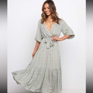 Petal and Pup Print Dress | Sage Green and White